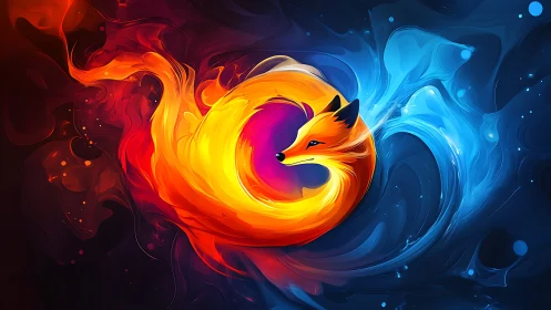 Swirling fire and ice fox emblem in luminous motion.