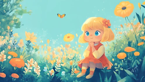 Child sits in stylized flower meadow observing butterfly calmly