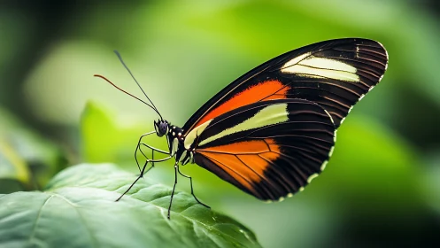 Macro profile of Heliconius butterfly on glossy leaf