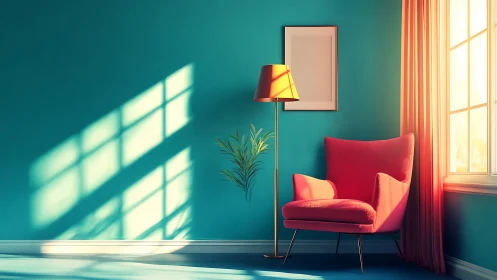 Sunlit coral armchair welcomes calm in a teal cozy corner