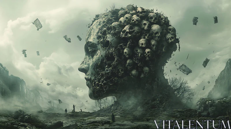 Colossal skull-embedded head dominates a desolate wasteland