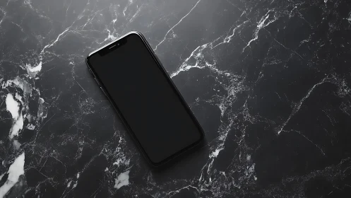 Silent black smartphone dreaming on moody marble nightscape.