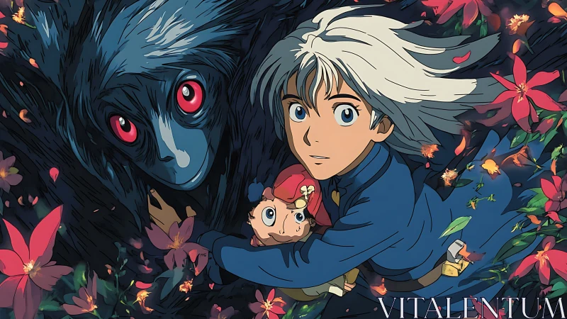 Anime hero and mystical beast swirl through blooming petals.