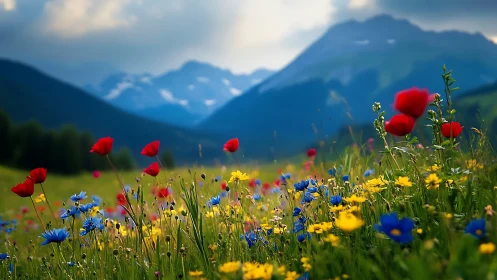 Wildflower meadow before distant alpine mountain range.