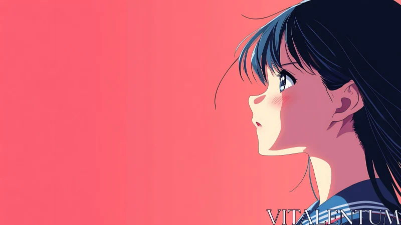 Side-lit anime profile of pensive schoolgirl on coral ground.