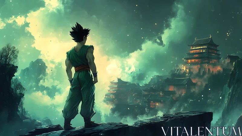 Lone warrior greeting a glowing mountain city at dusk.