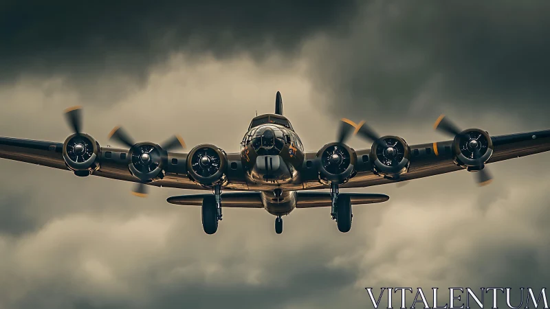 Powerful vintage bomber glides boldly through stormy skies