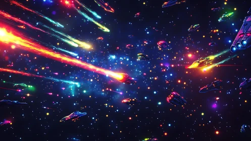Neon starship battle streaking across deep outer space.