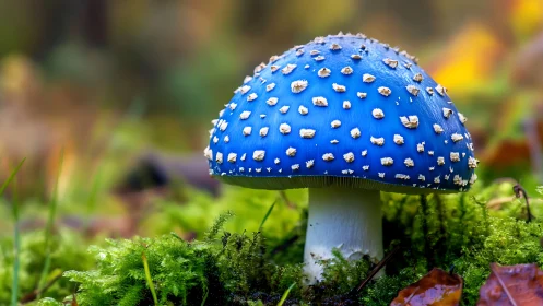 Blue mushroom with white spots stands in sharp forest focus