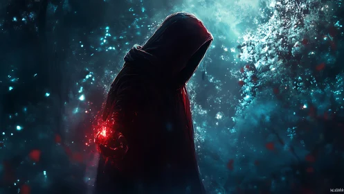 Hooded sorcerer channels red energy in a luminous forest void
