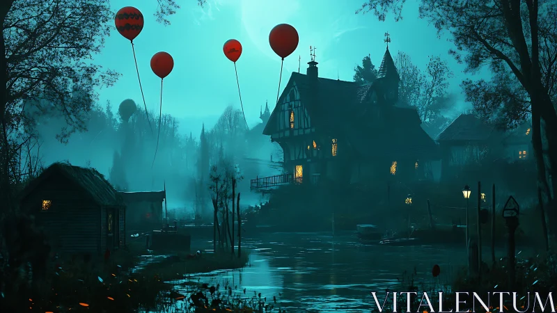 Nocturnal riverside manor under eerie cyan fog and red balloons