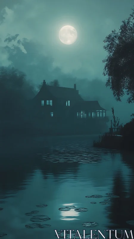 Moonlit lake house shrouded in teal mist and still shadows