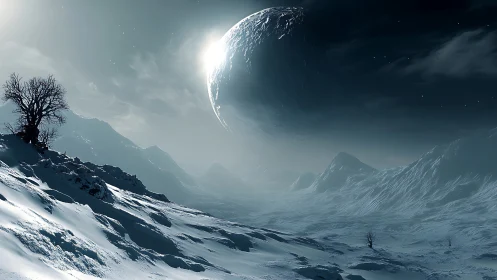 Frozen exoplanet valley under a looming winter moonrise.