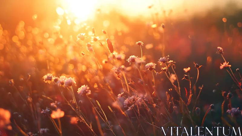 Wildflower field under intense backlit sunset glow.