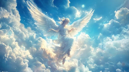 Gentle radiant angel drifting softly through glowing clouds.