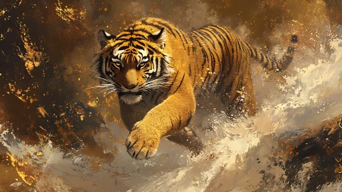 Bold tiger surging through wild splashes of golden water.