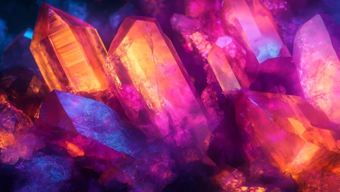 Luminescent crystal cluster under vivid neon light glow.