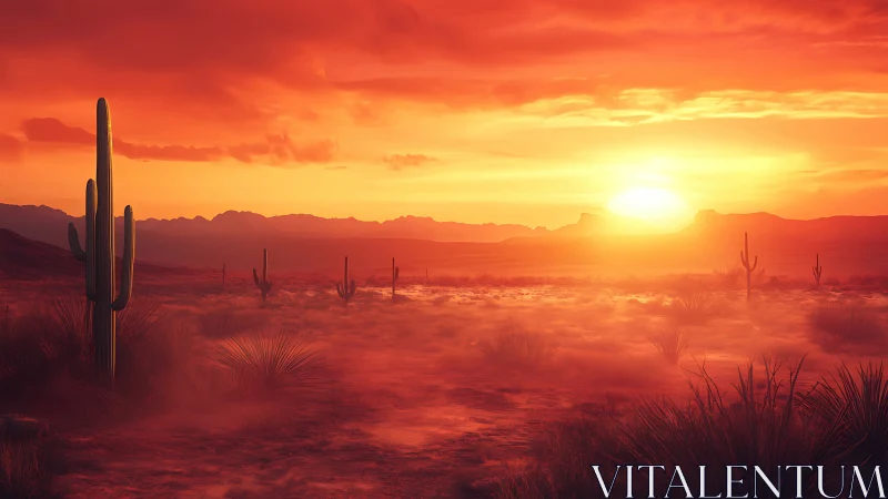 Sunlit desert hush with glowing cacti and crimson sky.