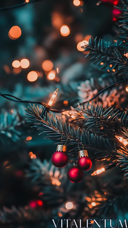 Red Christmas baubles on fir branch with warm bokeh lights.
