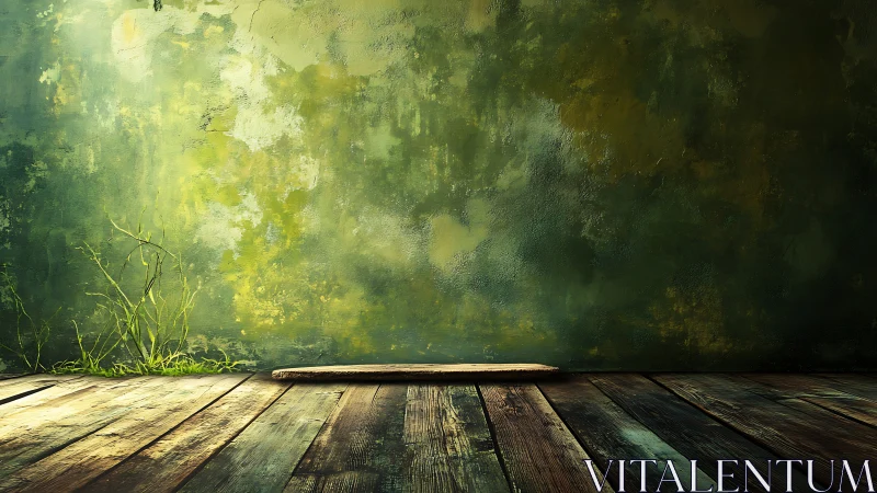 Weathered wooden floor under mossy green textured wall.