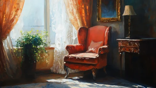 Interior scene with red armchair by sunlit window.
