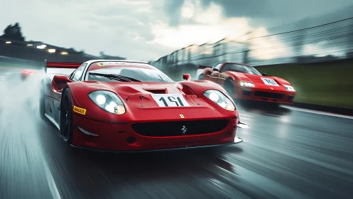Red GT race cars corner aggressively on wet circuit under rain