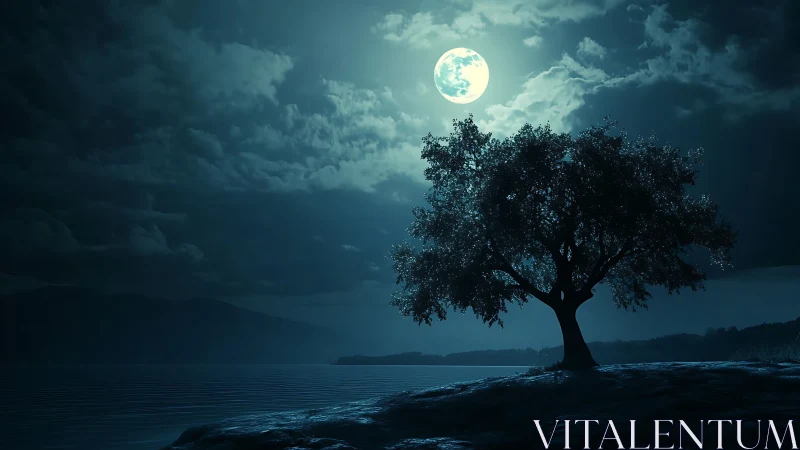 Lone shoreline tree under luminous full moonlit sky.