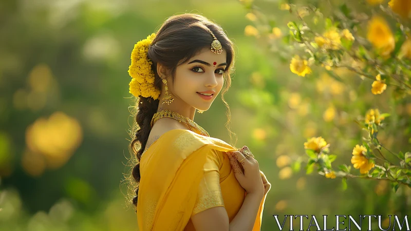 Golden saree glow lights up a sunlit garden moment