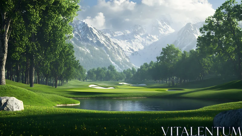 Mountain golf fairway unfolds beside tranquil reflective pond.