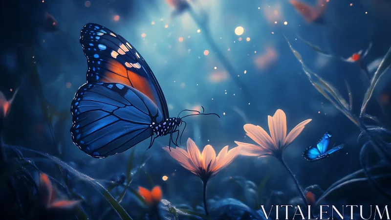 Moonlit blue butterflies rest gently among glowing flowers