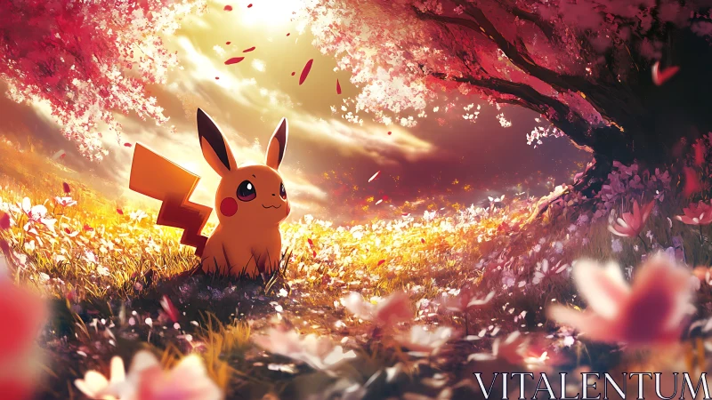 Pikachu rests under glowing cherry blossoms at sunset.
