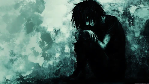 Quietly curled figure resting in a storm of teal shadows.