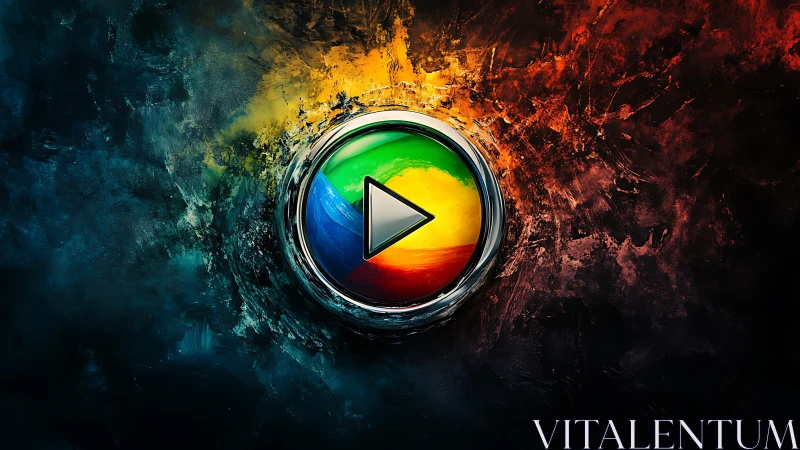 Circular multicolor play icon on textured dark background.