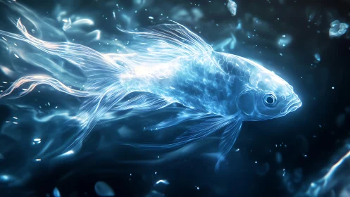 Glowing spirit fish drifts softly through shimmering blue water