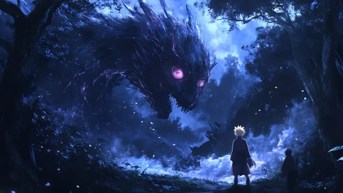 Luminous spirit beast confronting lone figure in moonlit forest