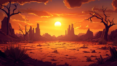 Cinematic sunset over stylized desert badlands in warm haze