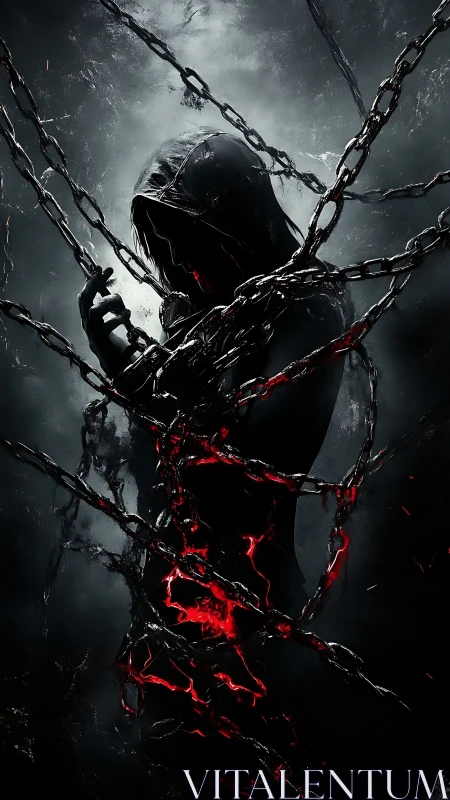 Hooded emberbound figure wrapped in bleeding metal chains.