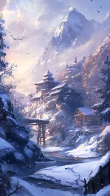 Snow-covered mountain village with tiered temple structures