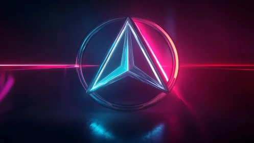 Futuristic neon geometric logo in glowing blue and pink environment.