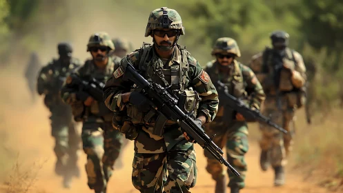 Photorealistic infantry squad advancing through dusty trail.