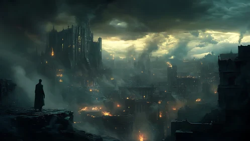 Lone figure surveys burning gothic citadel under stormfront