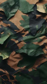 Camouflage fabric with layered green leaves texture design.