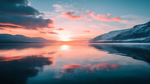 Calm arctic fjord sunset with pink cloud reflections.