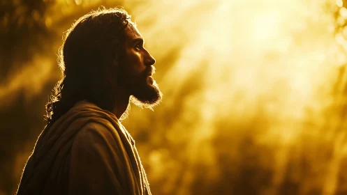 Bearded robed man gazes toward radiant golden sunlight