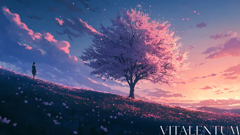 Solitary figure under glowing cherry blossom at sunset.