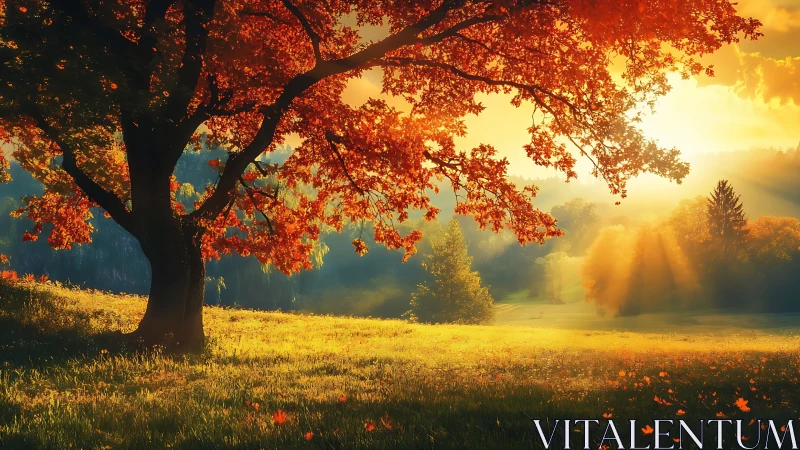 Golden autumn sunrise bathes a tranquil meadow in warmth