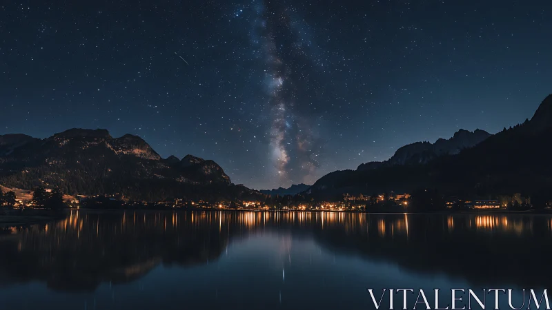 Milky Way core aligns above alpine lake and illuminated village