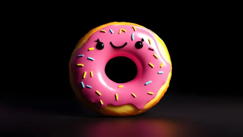 Cute smiling pink frosted donut with sprinkles in cartoon style.