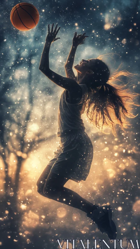 Silhouetted girl jumps for basketball under glowing sky.