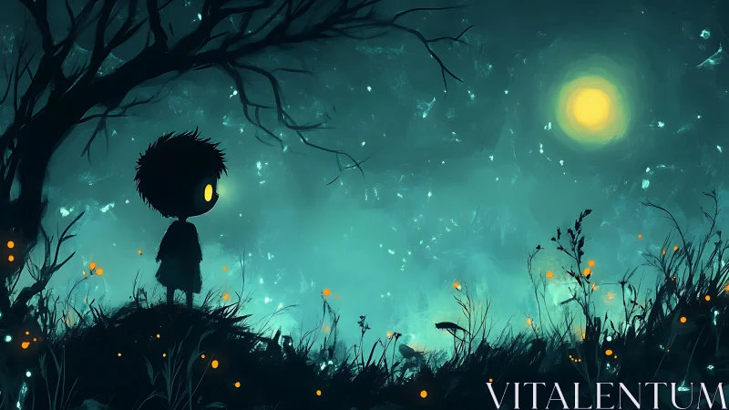 Luminous child silhouette under teal moonlit forest sky.